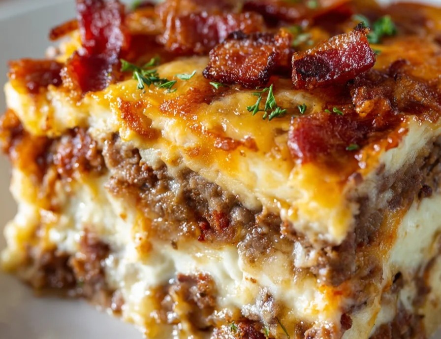 Low-Carb Bacon Cheeseburger Casserole top view